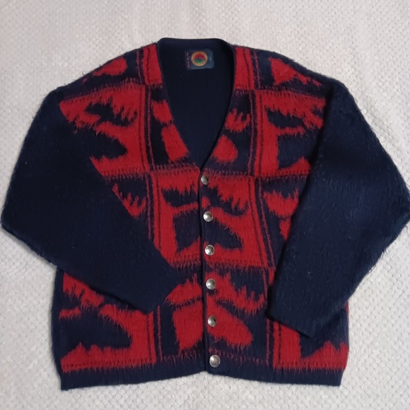 Vintage 100%Wool Cabincore Cardigan With Moose Plaid and Native American Buttons